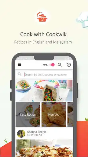 Play Cookwik App, Recipes in Malayalam, English