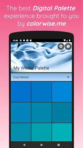 Play APK My Winter Palette  and enjoy My Winter Palette with UptoPlay com.colorwise.me.allseasons<br>==================================<br><br>Have you been professionally analyzed, or have you analyzed yourself as a Winter on https://colorwise.me?<br><br>If so, you need this app! It helps determine which colors are right for you. Its smart and accurate and besides, it