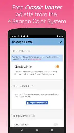 Play APK My Winter Palette  and enjoy My Winter Palette with UptoPlay com.colorwise.me.allseasons<br>==================================<br><br>Have you been professionally analyzed, or have you analyzed yourself as a Winter on https://colorwise.me?<br><br>If so, you need this app! It helps determine which colors are right for you. Its smart and accurate and besides, it