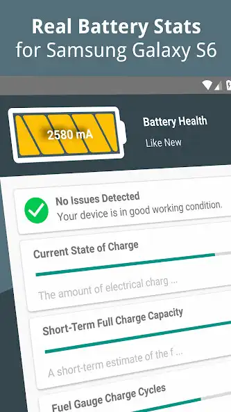 Play APK Real Battery Stats for Galaxy S6  and enjoy Real Battery Stats for Galaxy S6 with UptoPlay com.meowsbox.battery_stats_s6