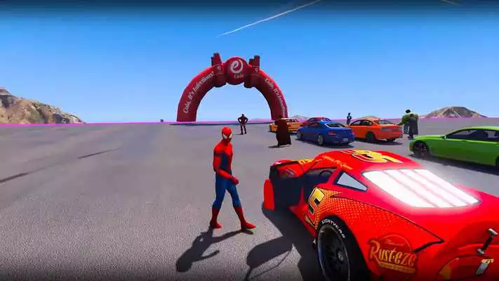 Play Superheroes Roof Jumping : Mqueen Car Racing Game